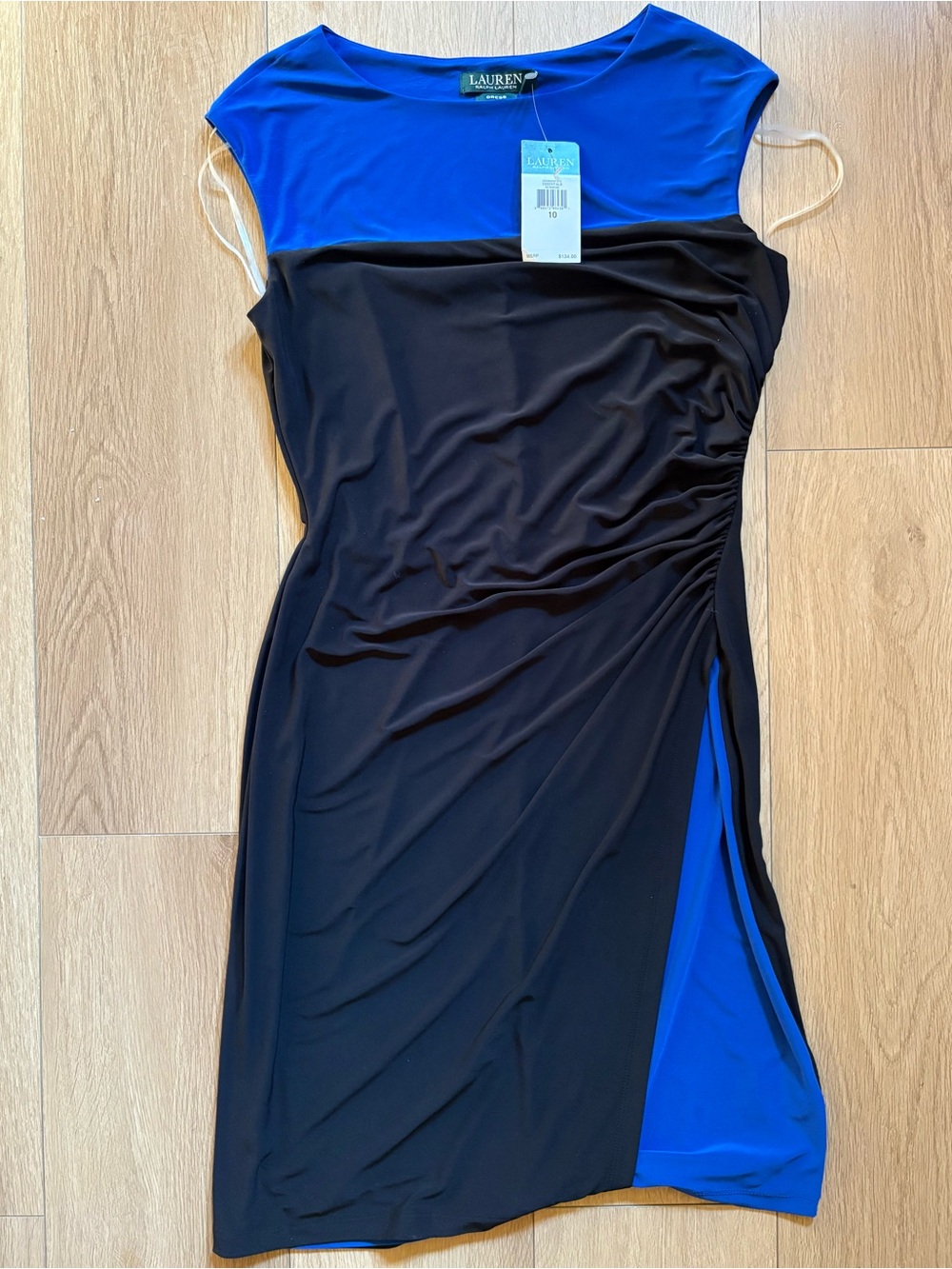 Lauren Ralph Lauren Black and Royal Blue Cap-Sleeve Ruched Midi Dress